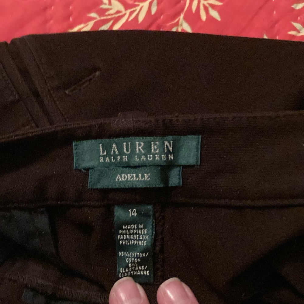 Ralph Lauren dark brown trousers 95% cotton, 5% elastane.  Flat front.